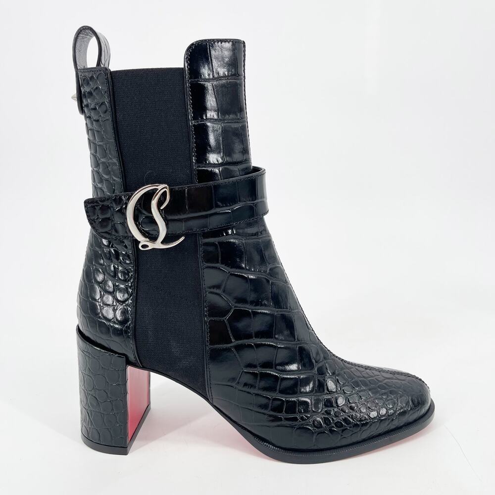 NWOB Christian Louboutin CL Chelsea Booty Black Croc Embossed Ankle Boots EU 37